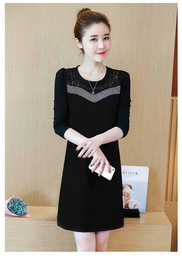 Đầm tay dài nữ 2018 xuân hè mới size lớn dài áo thun mùa đông cộng với túi nhung dày thắt lưng hông quần áo công sở nữ