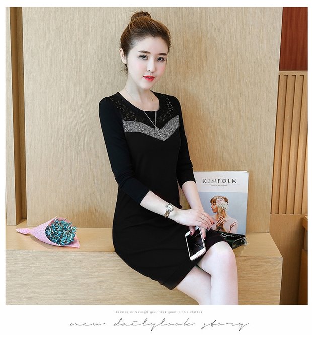 Đầm tay dài nữ 2018 xuân hè mới size lớn dài áo thun mùa đông cộng với túi nhung dày thắt lưng hông quần áo công sở nữ