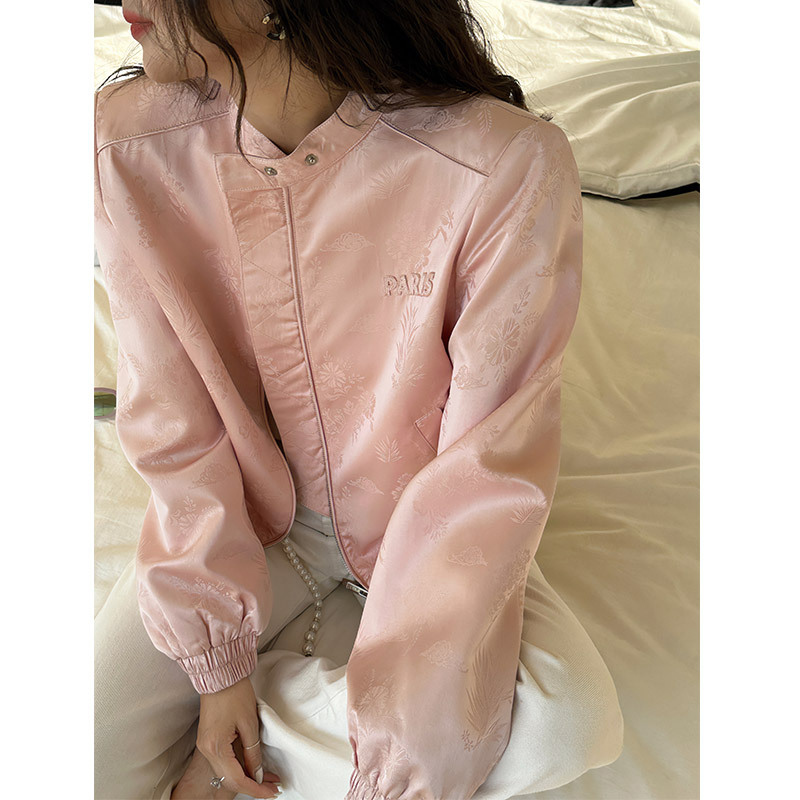 European Station 2025 Early Spring New Fashion Satin Printed Long Sleeve Zipper Short Jacket Women's Casual Easiest for Match Jacket