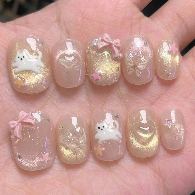 [Butterfly Meow Language] Bowknot Cat Eye Nail Art Short Style Hand-Painted Cat Girl Heart Whitening Purely Handmade Wearable Nails
