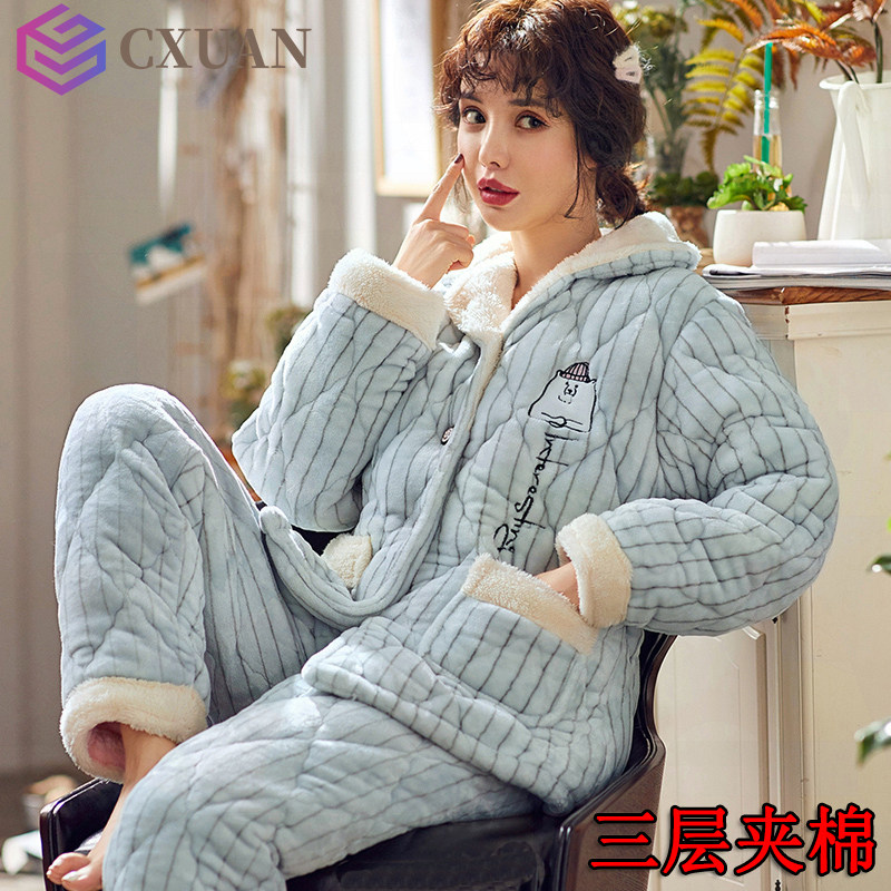 Coral Suede Pajamas Woman Autumn/Winter Triple Clip Cotton Padded Jacket Thickened with Velvet Warm Net Red Korean Version External Wear Fashion Home Clothing
