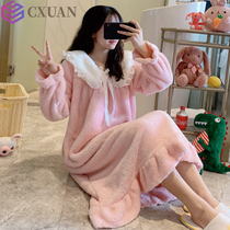 Sleeping skirt women's autumn and winter 2020 new coral fleece sweet princess wind plus velvet long household clothing set flannel