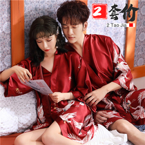 Couple pajamas spring and autumn women's nightgown ice silk thin summer wedding wedding big red men's home suit