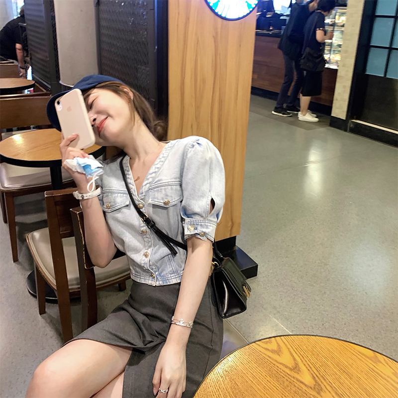 DoggyQin's unusual denim 2021 new denim short top is thin and waist A-line dress