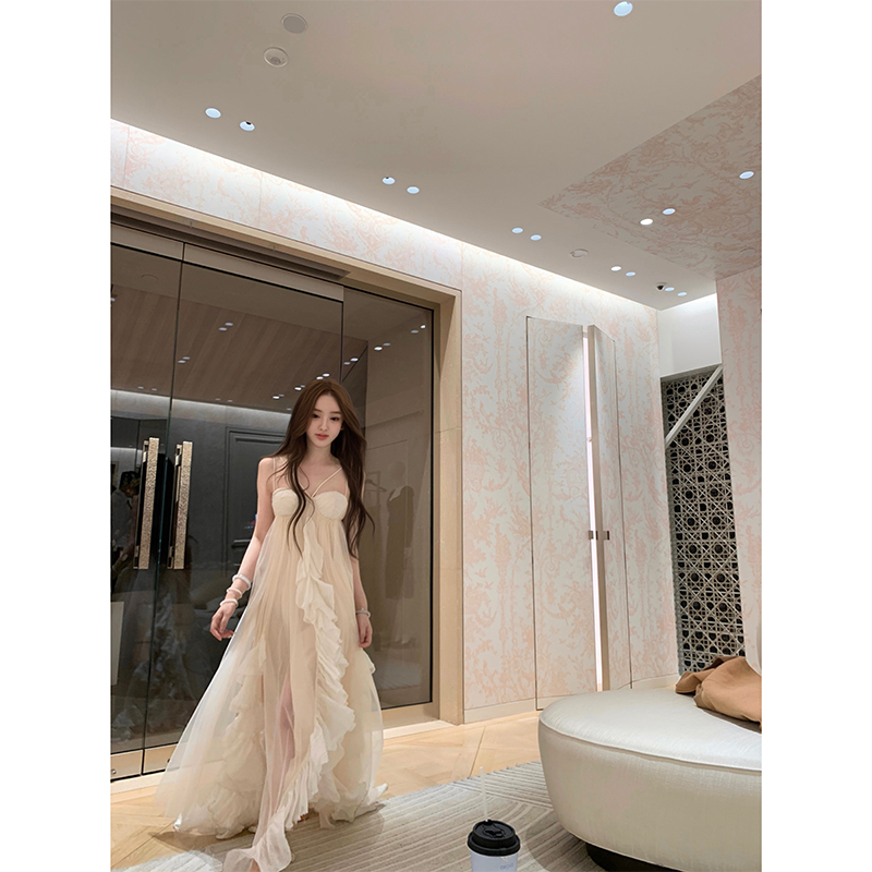 DoggyQin デッドツリー スプリング/フリル シフォン サスペンダー ドレス レディース サマーバケーション ロングドレス フェアリードレス