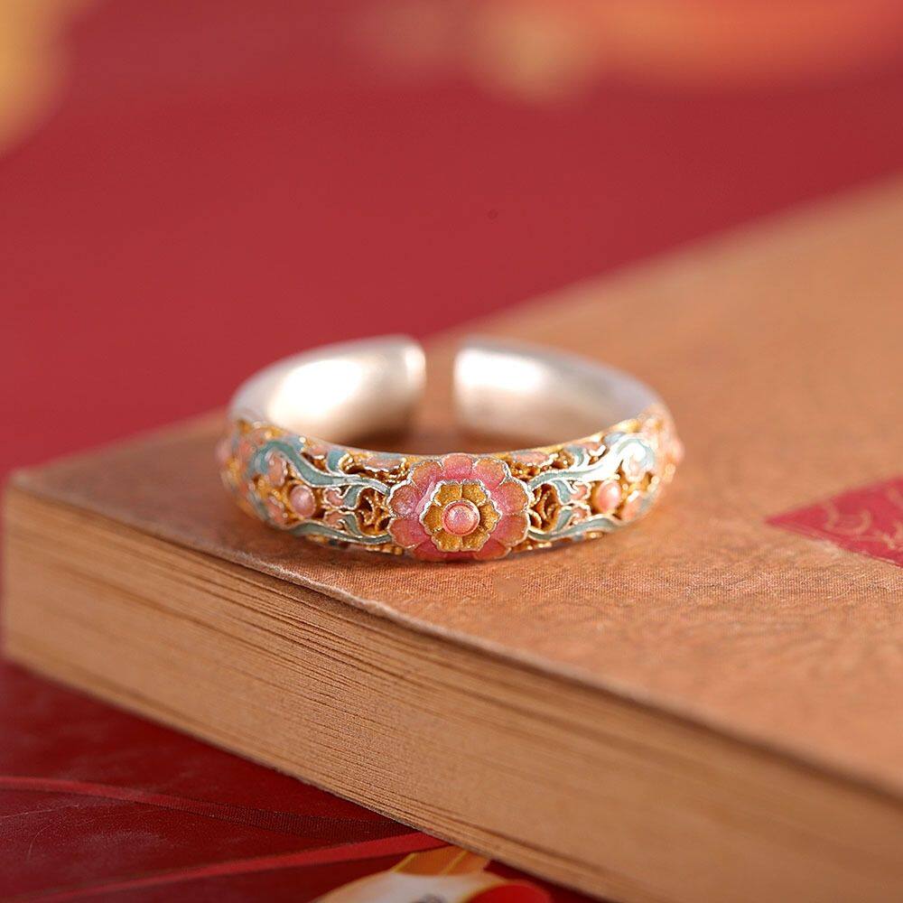 Sea of Flowers pure silver 9999 enamel colorful crabapple blossom sterling silver ring national style new Chinese style versatile ring gift