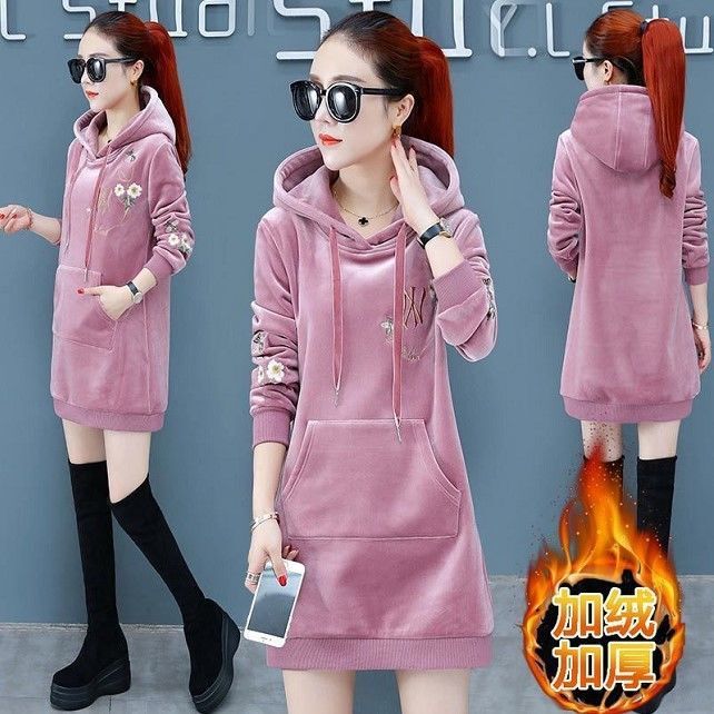 Double-Sided Velvet Pullover Sweatshirt for Women, Hooded Autumn and Winter Clothing, Gold Velvet Mid-Length, Fleece-Lined and Thickened, Winter Long-Sleeved Top
