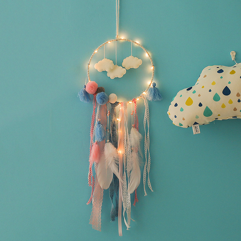 Dream catcher diy feather with lamp handmade wind chime pendant girl heart shop dream net indoor creative decoration ornaments