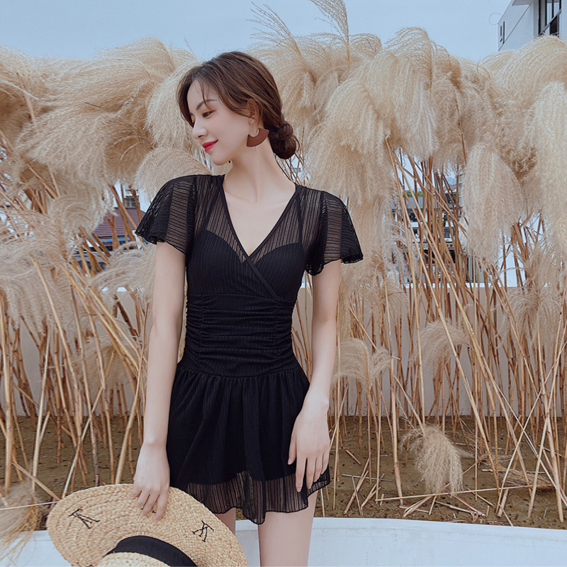 South Korean swimwear women's fairy Fan conservative small breasts gather for a slim dress style even body spa holiday swimsuit