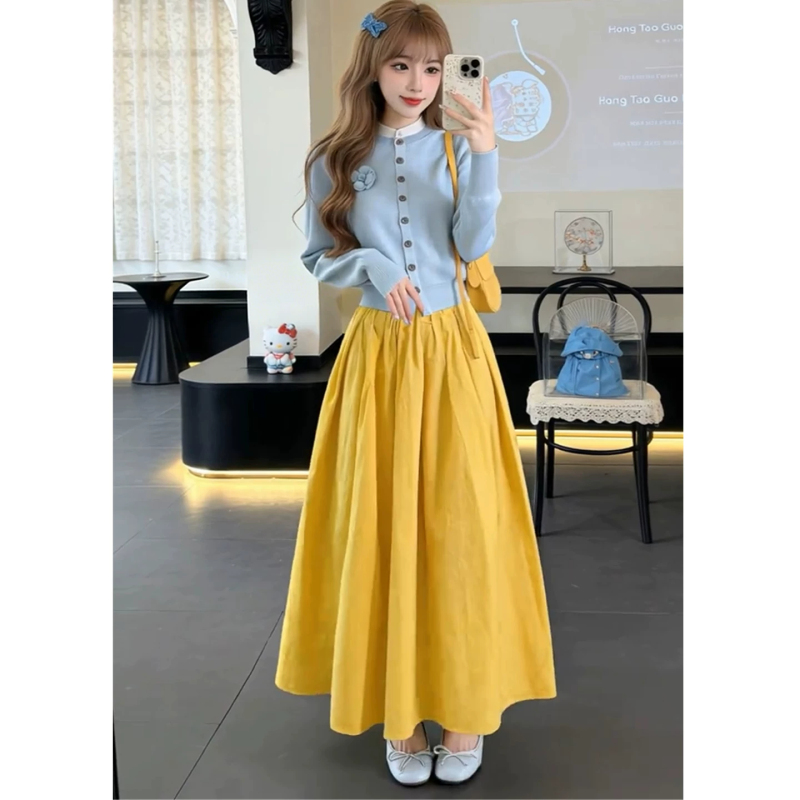 Autumn and Winter French-Style Stunningly Beautiful and Elegant Niche Mid-Length High-Waisted Slimming Yellow A-Line Skirt Long Skirt