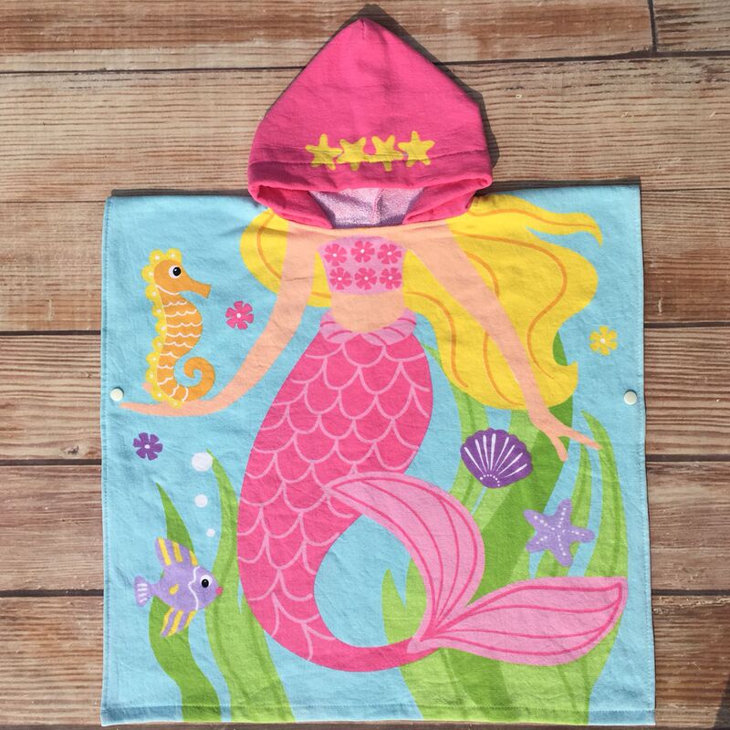 Foreign Trade Pure Cotton Gauze Cartoon Mermaid Dinosaur Wearable Bath Towel for Children, Boys and Girls, Hooded Pullover, Non-Shedding