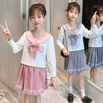 jk uniform skirt genuine girls spring and autumn summer Seaman suit children Navy wind long sleeve shirt pleated skirt set