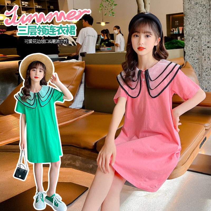 Girl Short Sleeve Long version Ocean dress Summer CUHK Girl T-shirt dress Korean version College Fancy Fashionable Girl Skirt