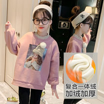 Childrens clothing girls plus velvet sweater 2021 new foreign style big childrens winter clothing thick warm coat girl base shirt