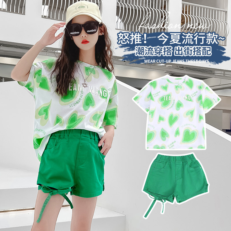 Girl Summer Clothing Suit 2022 New Foreign Pie Trendy Children Suit Nets Red Girl Summer Short Sleeve Big Boy Two Sets