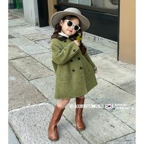 Korean childrens clothing girls green woolen coats spring and winter clothing stylish baby mid-length thickened warm woolen coats