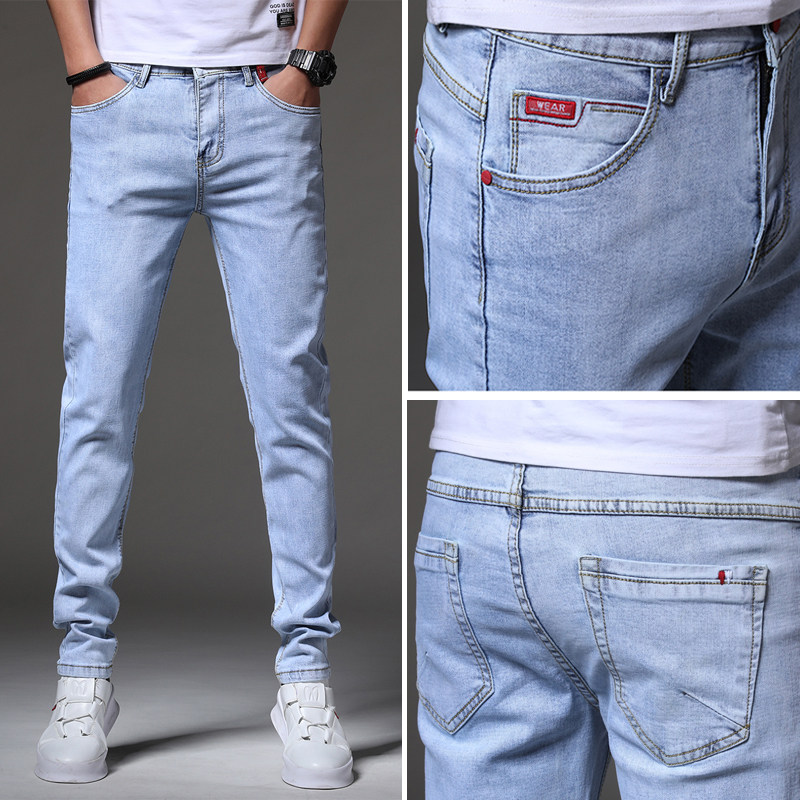 Elastic Jeans Men 2022 Spring Repairing Smoke Tubes Pants Tide Youth Light Blue Casual 100 hitch washed long pants