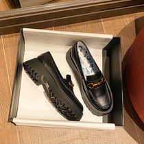 British style small leather shoes womens autumn and winter plus velvet jk shoes retro soft bottom soft surface leather thick bottom horsebit loafer shoes