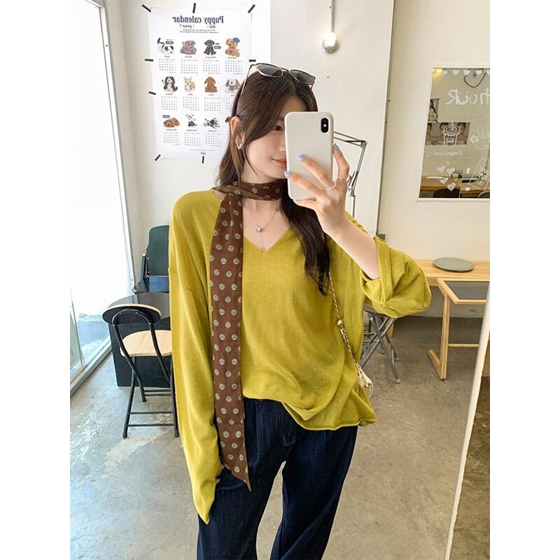 Korean-Style Loose V-Neck Green Long-Sleeve Knit Sweater for Women, Autumn Thin Lazy Versatile T-Shirt Sun Protection Cover-Up Top