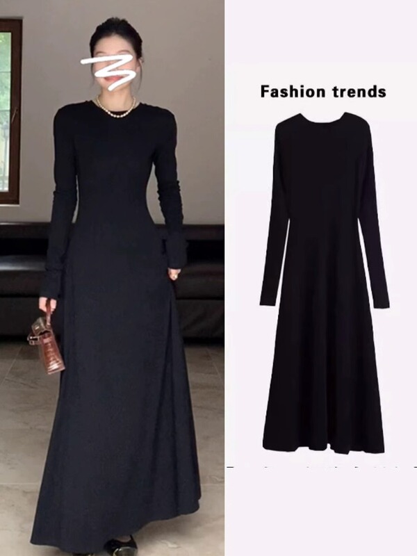French-Style High-End Black Long-Sleeved A-Line Long Dress for Women, Spring and Autumn Hepburn Style, Waist-Cinching, Slimming, Elegant Inner Dress French-Style High-End Black Long-Sleeved A-Line Long Dress for Women, Spring and Autumn Hepburn Style, Waist-Cinching, Slimming, Elegant Inner Dress