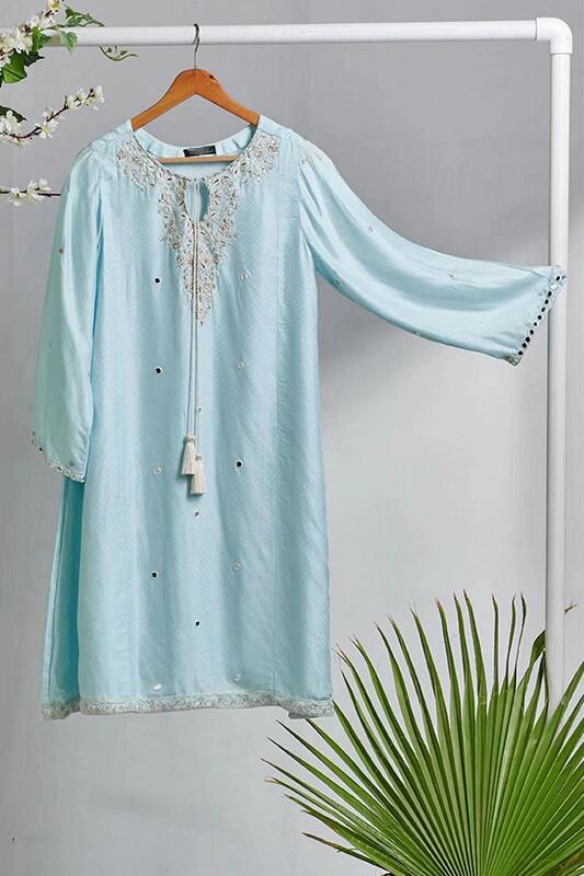 Pakistani Baby Blue Pure Cotton Light Luxury Dress Top Long-Sleeved Shirt Dress Indian Kurti