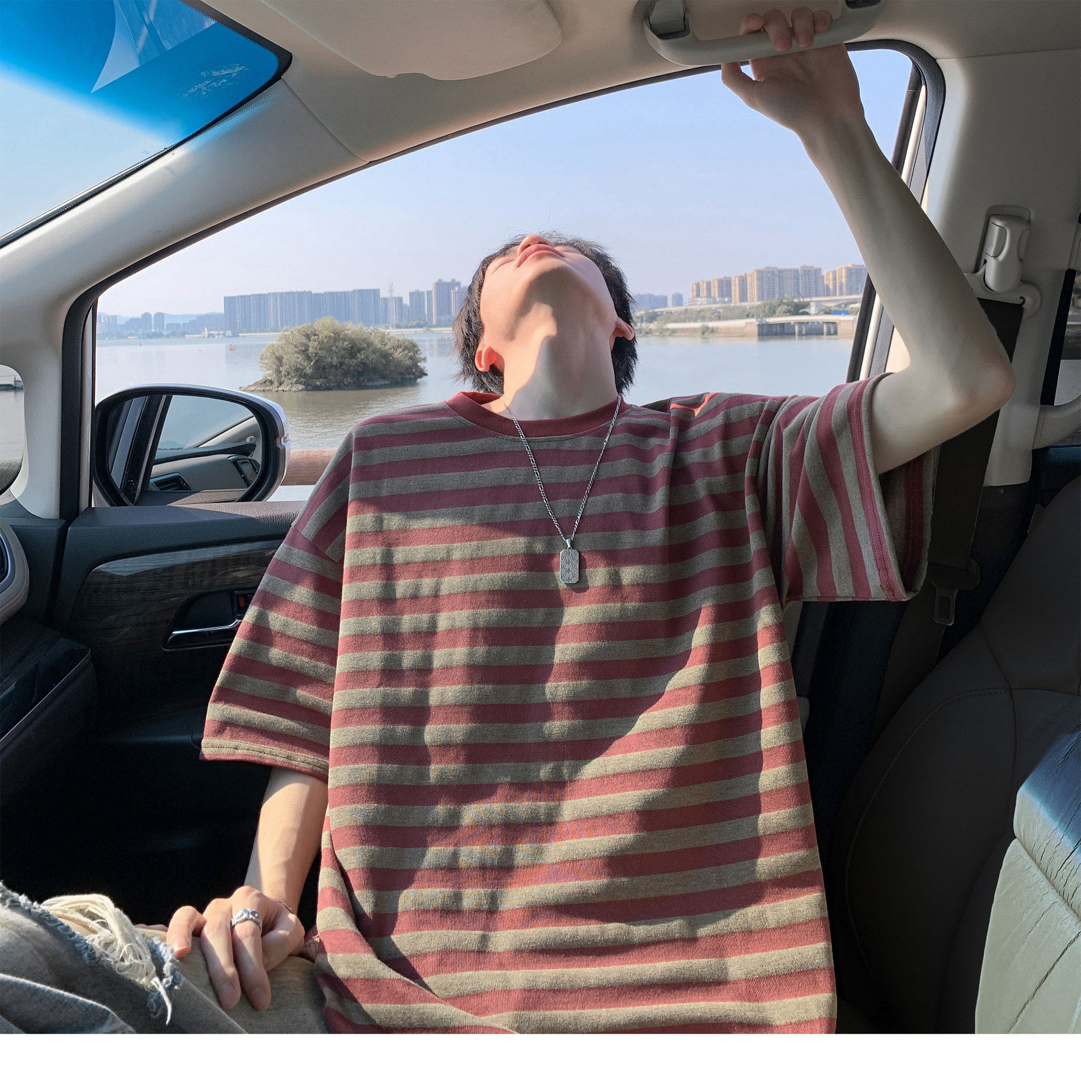 美式红色条纹t恤男夏季潮牌纯棉重磅情侣短袖宽松圆领情侣半截袖