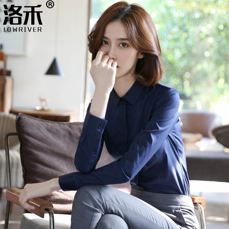 Deep Blue Professional Shirt Woman Long Sleeve 2022 Spring Autumn New square collar Tibetan Qingzang 100 lap positive dress white shirt black work dress inch