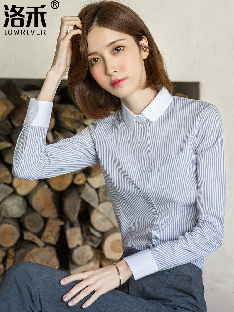 Doll collar black and white vertical stripes professional temperament shirt women's long-sleeved 2021 spring new niche design shirt