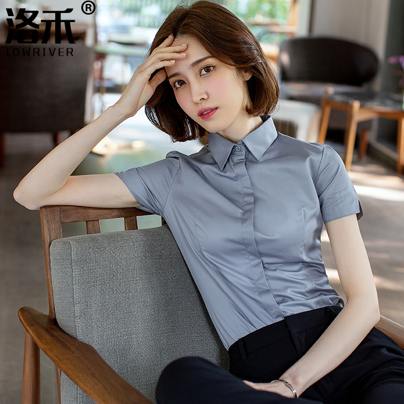 Square collar shirt women's short sleeve professional wear work clothes 2021 summer thin new Korean version of work gray shirt inch
