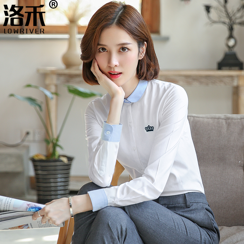 Oxford Spun Ram Color Doll Collar Professional Shirt Woman Long Sleeve White Art Embroidered 2022 Springtime Shirt Blouse