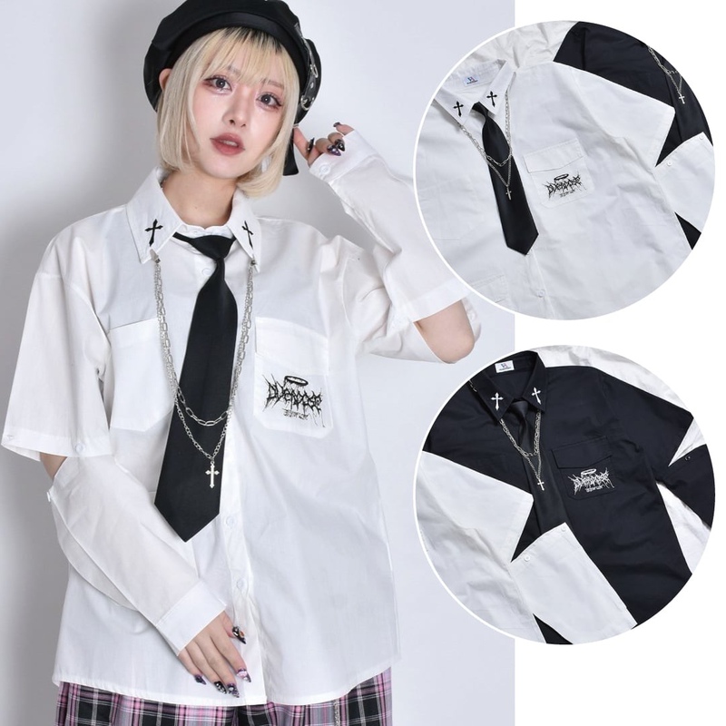 Nameless Japanese Style Volcan Subculture Dark Punk Cross Tie Two-Way Shirt Y2K Nameless Japanese Style Volcan Subculture Dark Punk Cross Tie Two-Way Shirt Y2K