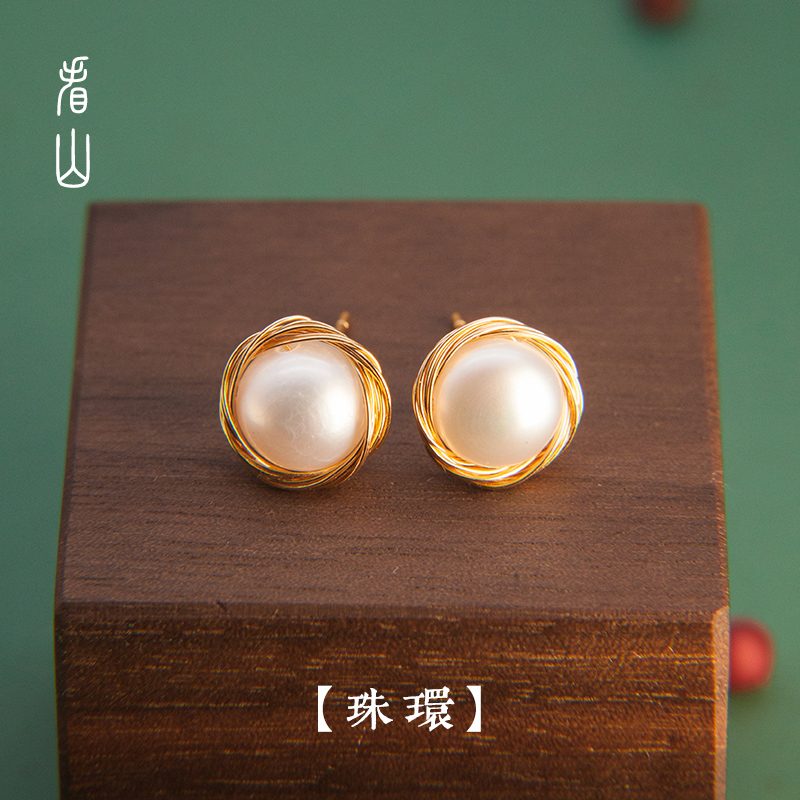 Look at the Mountain) bead ring) natural freshwater pearl earrings decorated with female sterling silver jewelry temperament Super fairy ancient national wind raising earrings