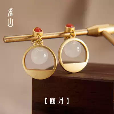 Look at the Mountain) full moon) Hetian white jade stone ear pendant female sterling silver south Ruby Chinese style national style raising earrings nail New
