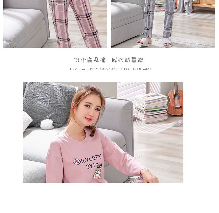 Bộ đồ ngủ dài tay mùa thu cotton hoạt hình Slim Phiên bản nam và nữ kiểu Hàn Quốc phù hợp với giới trẻ bộ mặc nhà