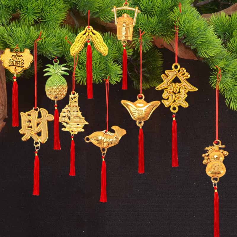 Bonsai Flower Market Hanging Ornaments with the Character for Fortune, Green Plant Bonsai Tree Hanging Decorations, Creative Indoor Living Room Home Decorations