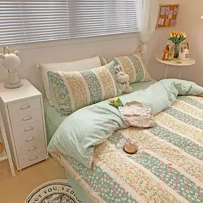 Korean version of ins Wind girl cotton bed four-piece cotton hipster pastoral flowers quilt cover sheets bed hats