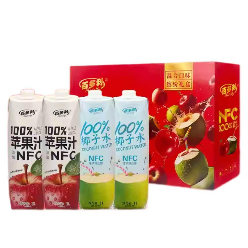 百多利NFC苹果汁椰子水组合装1L×4瓶纯果汁礼盒装
