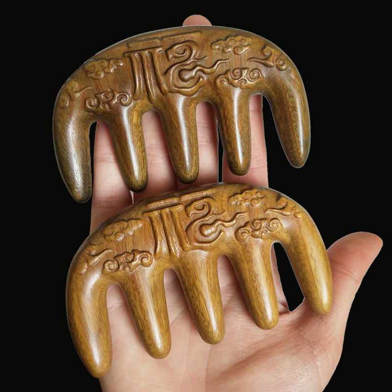 Double face carved green sandalwood comb 5 teeth meridians Meridian Massage Comb Wide Teeth Small Wooden Comb Fu Characters Send Parents Gift Comb