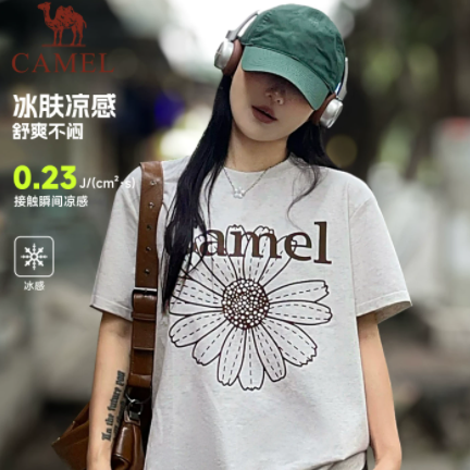 骆驼短袖女小雏菊T恤夏季棉感休闲韩系正肩圆领学生运动冰丝上衣