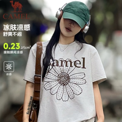 骆驼短袖女小雏菊T恤夏季棉感休闲韩系正肩圆领学生运动冰丝上衣