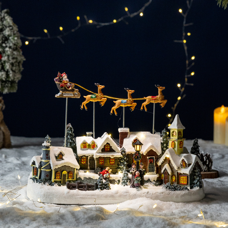 Winter Christmas Flying Reindeer Sleigh Rotating Light-Up Music Box Christmas Village Snow Scene Ornament Christmas Gift Winter Christmas Flying Reindeer Sleigh Rotating Light-Up Music Box Christmas Village Snow Scene Ornament Christmas Gift