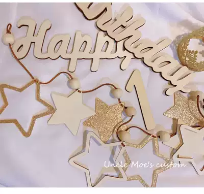 Inssen Nordic wooden acrylic pentagonal star pull-up flag children's birthday background wall decoration decoration