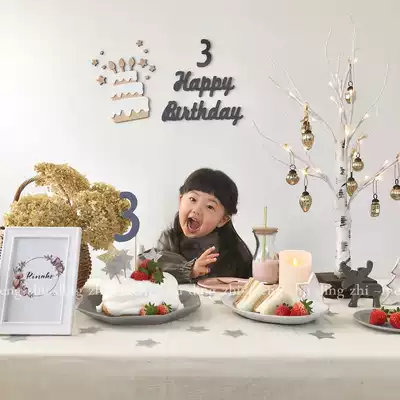 New ~ Simple Mori Black happy brithday Digital Wall Sticker Baby Birthday Scene Decoration