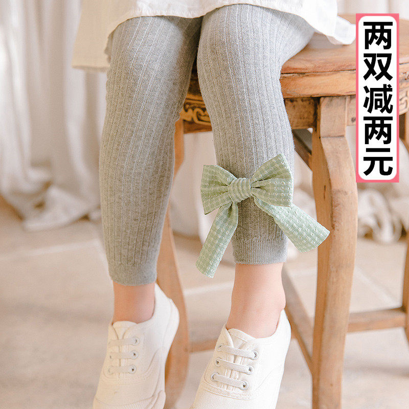 Spring Autumn Season Children's Vertical Striped Butterfly Knot Knit Cotton Inside pants Girl with thin section can open crotch baby Little CUHK