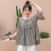 2020 summer new Korean version of the tide large size loose puffy a word doll shirt small fresh plaid shirt top women