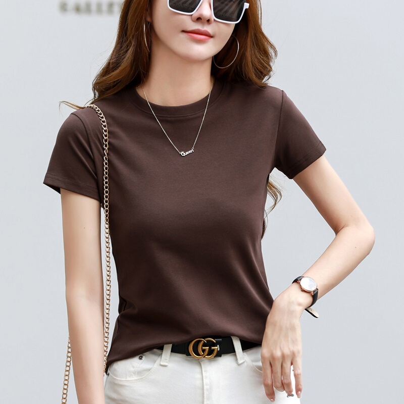 Coffee-Colored Regular Shoulder T-Shirt for Women, Short-Sleeved, Summer Korean Style, Inner Layer, Base Shirt, Tight-Fitting Top, Cotton T-Shirt, Stretchy Shirt