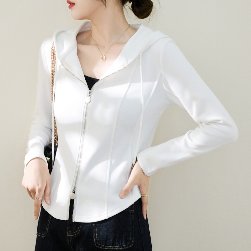 Double Zipper Hooded Long-Sleeve T-Shirt for Women 2026 Spring and Autumn New Style Base Shirt Jacket Thin Cardigan Sweatshirt Top