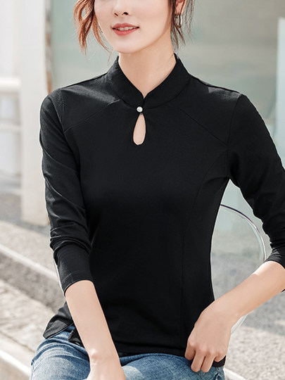立领纯棉打底衫女春秋长袖t恤洋气新轻国风改良中式盘扣镂空上衣