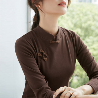 立领棉质打底衫女秋冬长袖t恤洋气新轻国风改良中式旗袍盘扣上衣