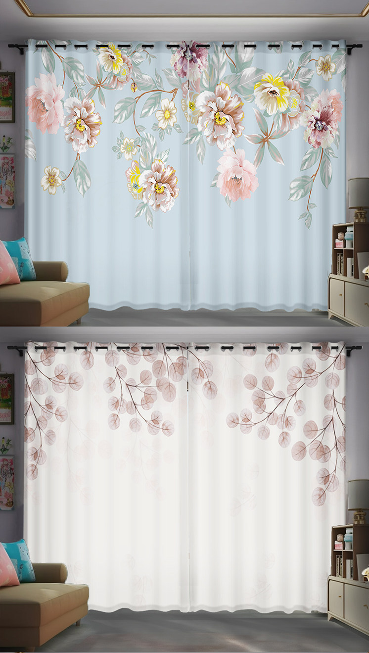 北欧现代小清新绿色植物花卉窗帘儿童卧室客厅飘窗免打孔绍兴柯桥详情10